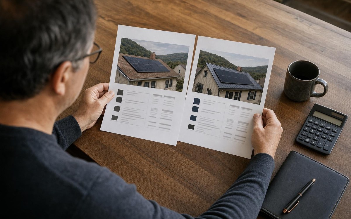 Records for a proposed solar expansion Generic original and proposed solar equipment records beside a calculator and homeowner notes.