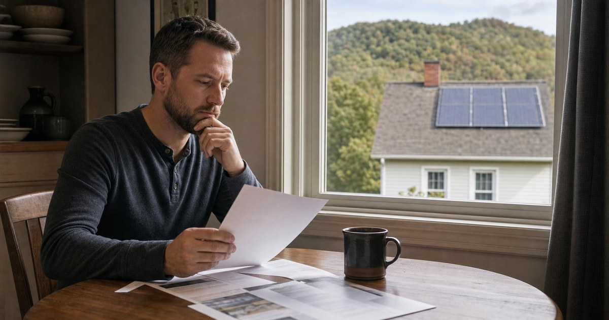 West Virginia homeowner reviewing a solar expansion proposal with a rooftop array and wooded hills visible outside.